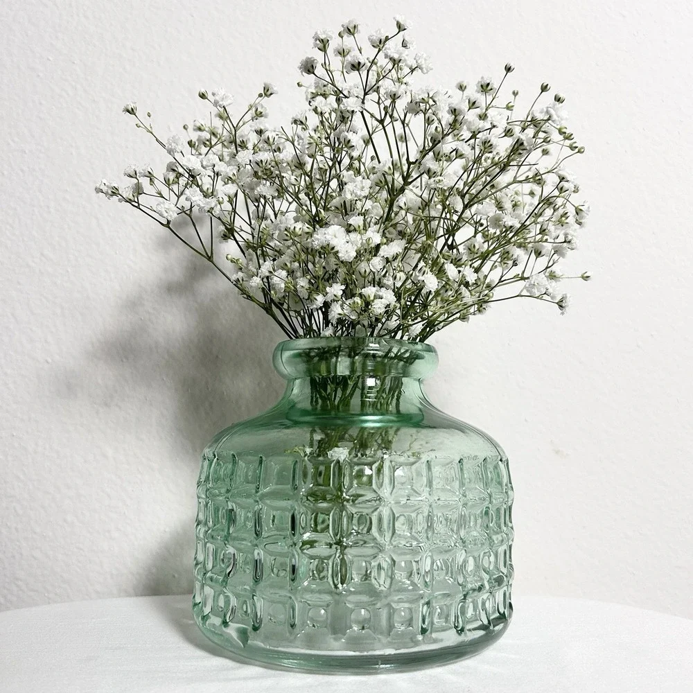 VTG Seafoam Sage Green‎ Translucent Textured Geometric Pattern Glass Decor Vase
